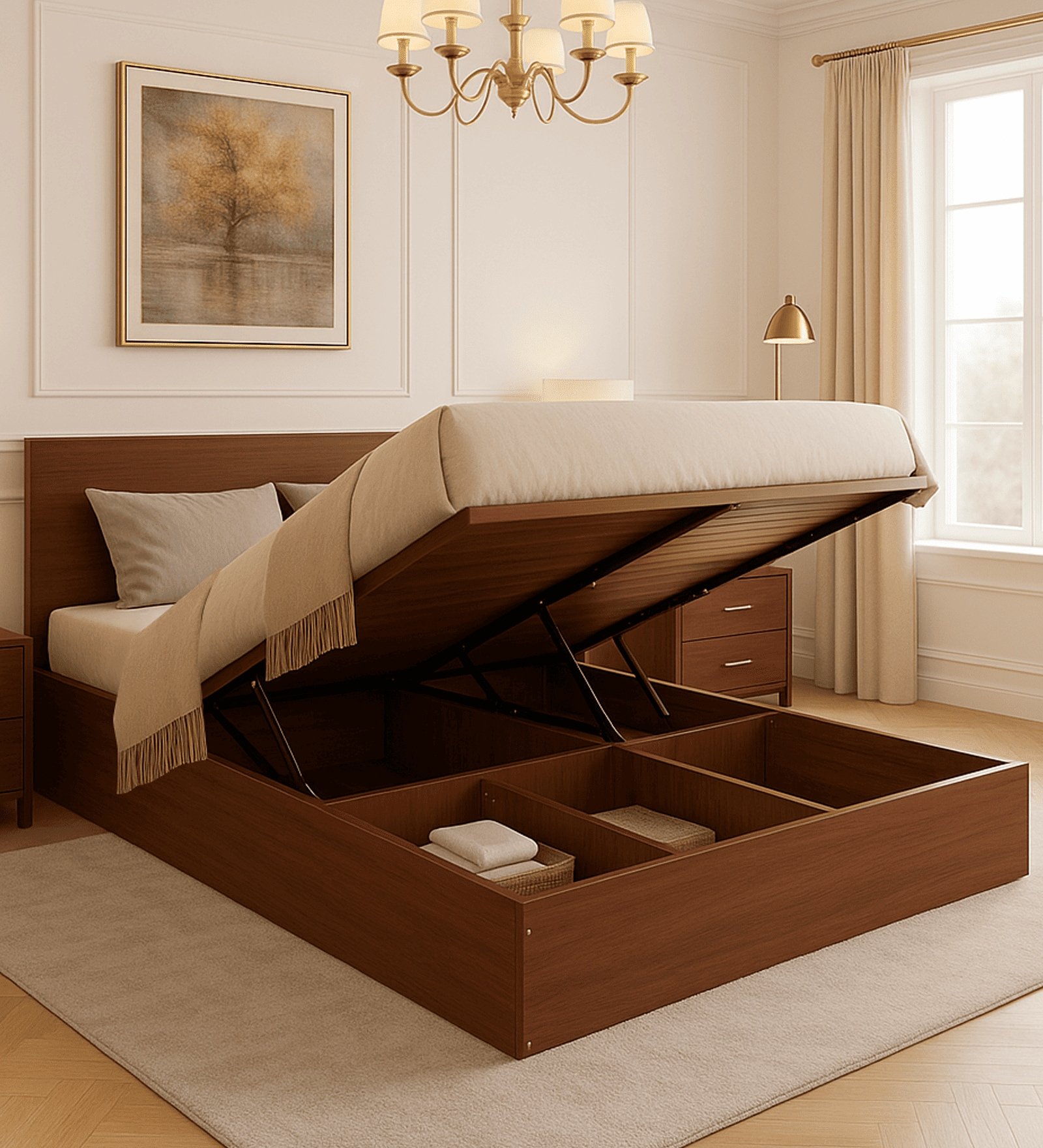 Seto King size Bed in Planket Walnut Finish With Full Hydraulic Storage